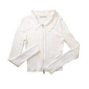 Abercrombie & Fitch White Ribbed Zip-Up Knit Top Long Sleeve Polo Collar, Size M